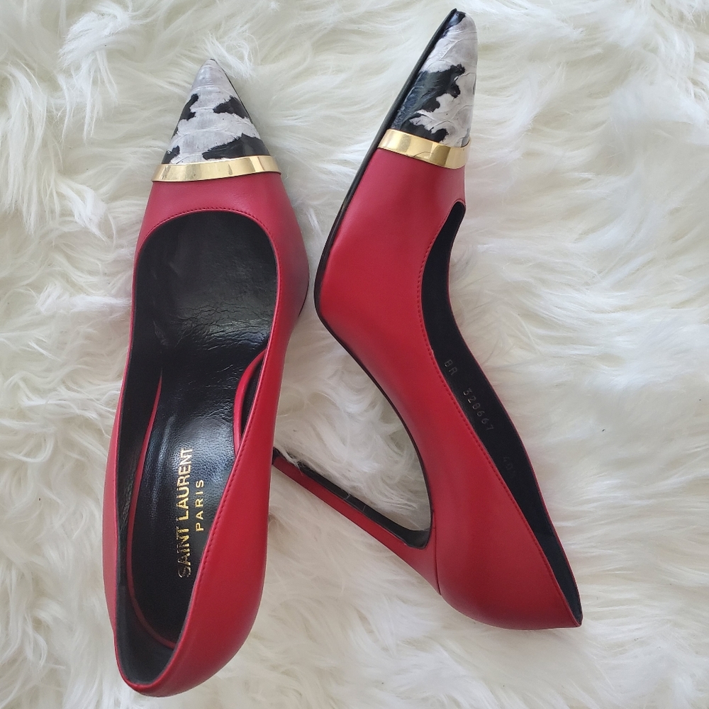 Saint Laurent Pointed-Toe Python-Cap Pump, Red - image 2